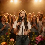 Lead singer singing with lush flowers while diverse audience cheers under warm golden light Christian pop band