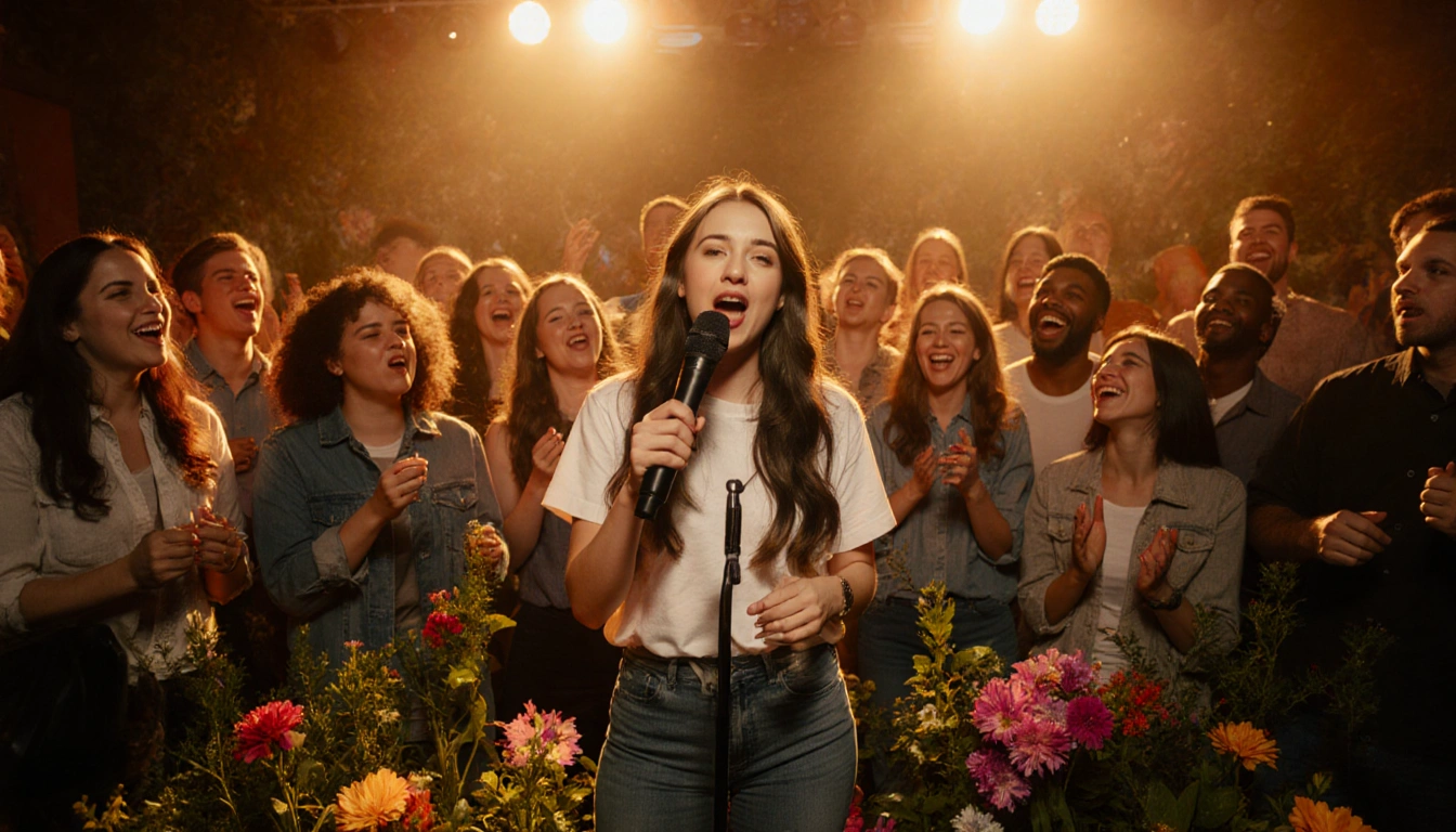 Lead singer singing with lush flowers while diverse audience cheers under warm golden light Christian pop band