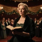 Christine Baranski reading an open book with candlelit theater backdrop and Victorian Christmas lights