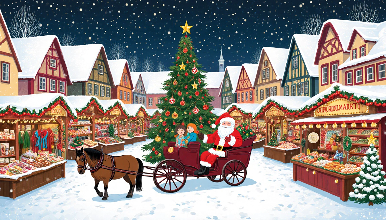 Santa Claus posing for photos with children near a tree and carriage in Bethlehem market.