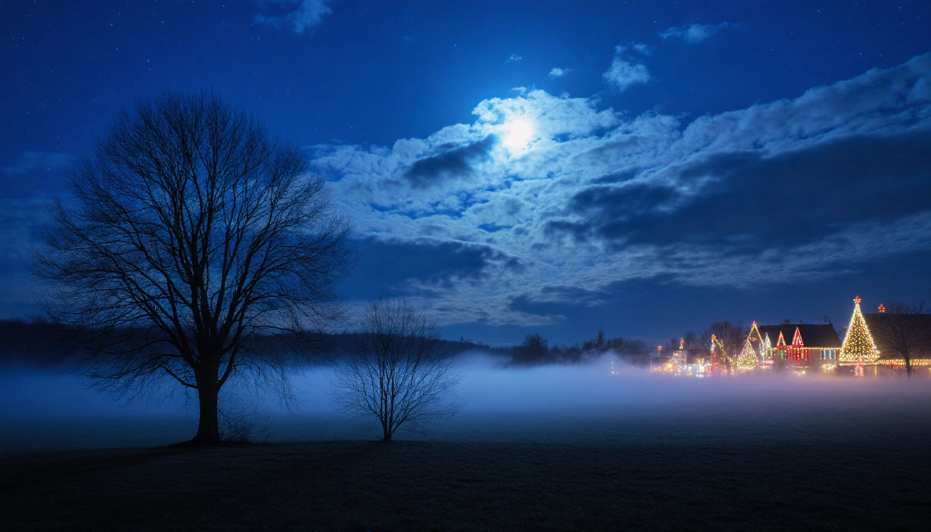 Moonlit sky drapes over foggy landscape with bare trees and soft glowing town lights.