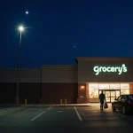 Shopper holds items in empty parking lot with bright store entrance glow and a lone star overhead