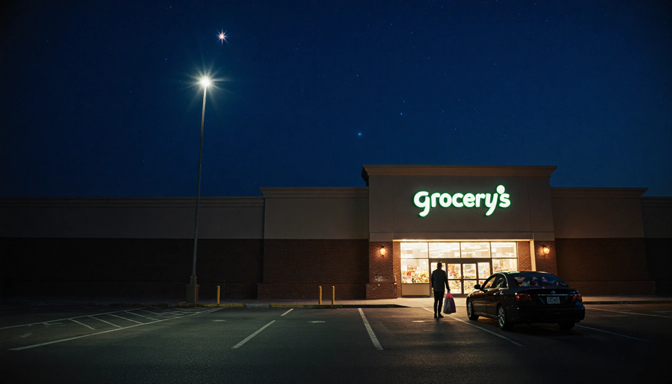 Shopper holds items in empty parking lot with bright store entrance glow and a lone star overhead
