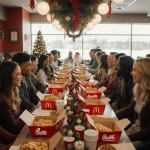 People laughing and sharing fast‑food boxes with festive Christmas decorations in a bustling restaurant