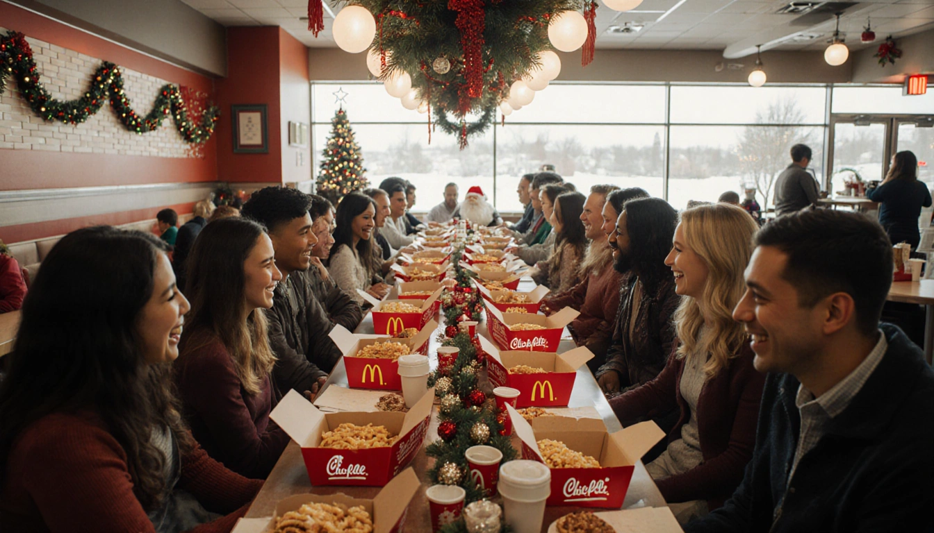 People laughing and sharing fast‑food boxes with festive Christmas decorations in a bustling restaurant