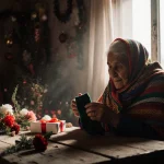 Elderly woman wraps herself in a colorful scarf while holding socks with warm Christmas light in Gaza