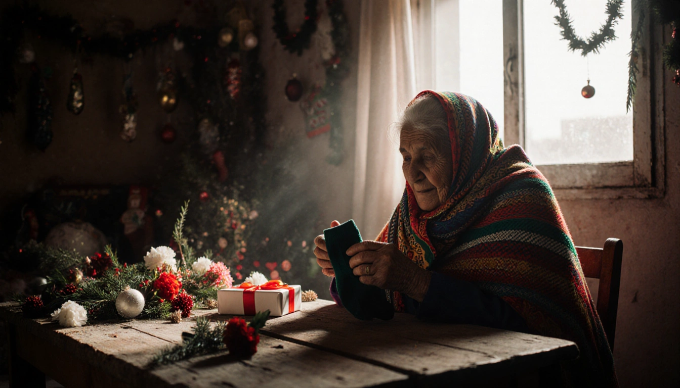 Elderly woman wraps herself in a colorful scarf while holding socks with warm Christmas light in Gaza