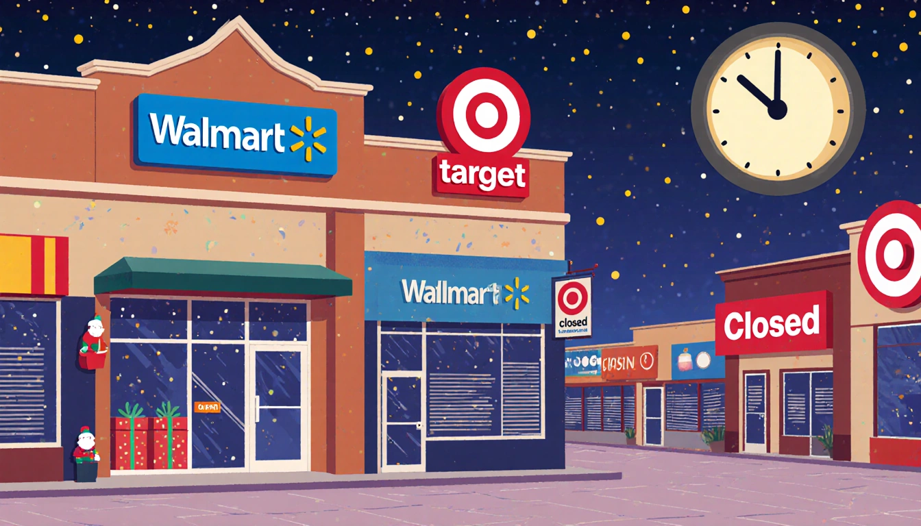 Walmart and Target mall fronts bustle with shoppers near midnight clock striking Christmas day with closed stores behind