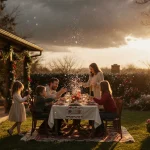 People gather around table in Texas with Christmas light spilling onto backyard and snowflakes falling