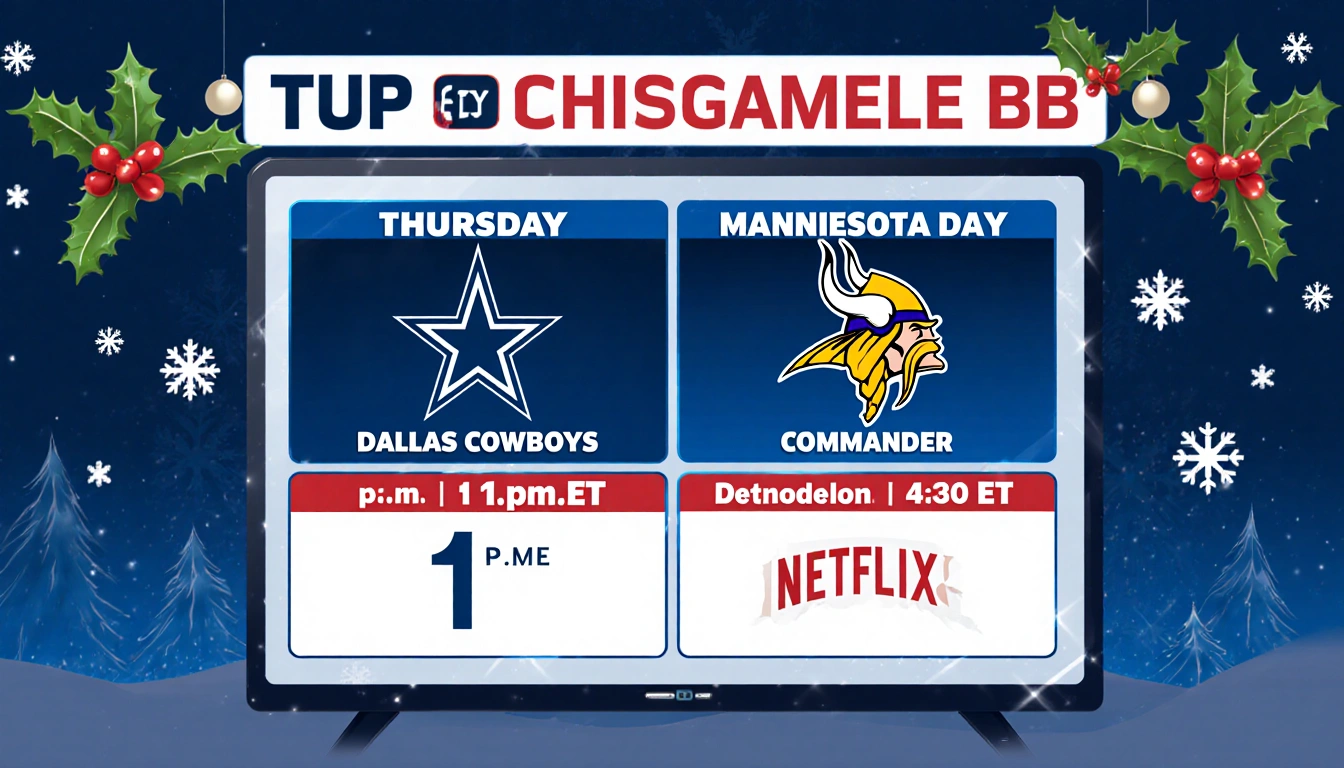 TV schedule grid shows Christmas Day NFL games with Cowboys vs Commanders at 1 p.m. ET and Vikings vs Lions at 4:30 p.m. ET