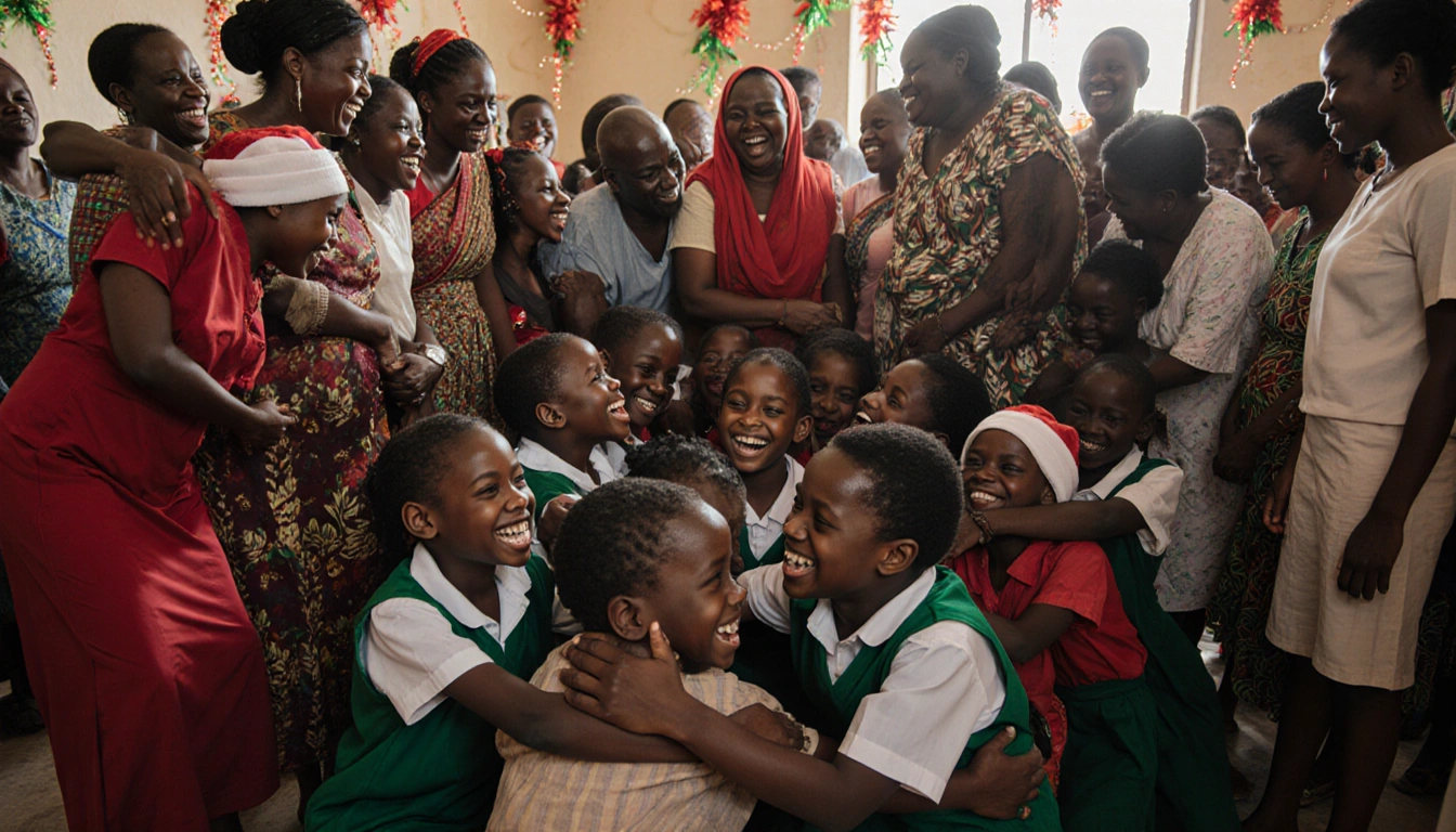 Schoolchildren and teachers hugging family members with festive Christmas decorations and warm light in Nigeria