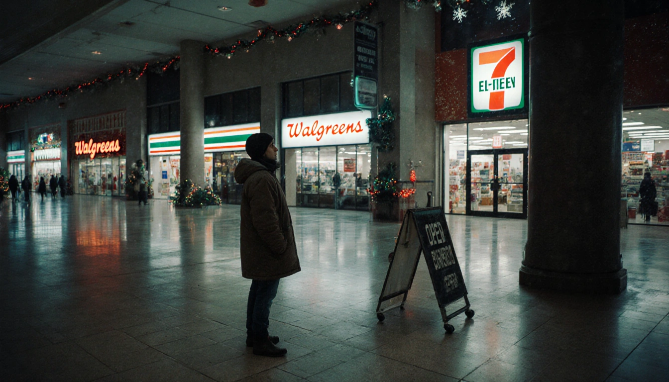 Lone shopper stands near an open Walgreens with glowing lights amid a dark Christmas mall thinking about shopping