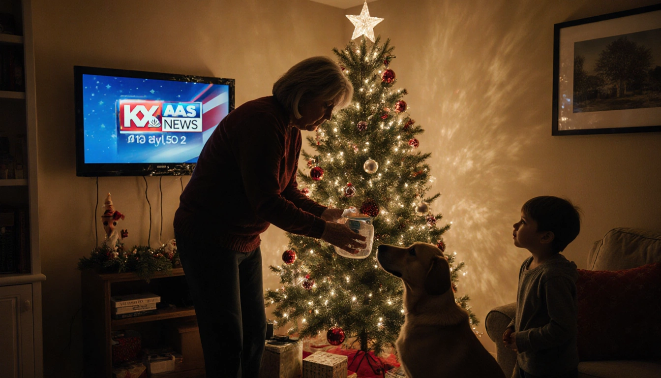Parent checking Christmas tree water level with a child looking up with holiday cheer while a KXAN news logo glows on the TV