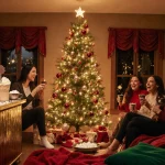Guests laughing around a Christmas tree with an ice cream sundae bar and hot cocoa station