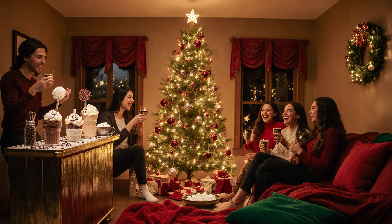 Guests laughing around a Christmas tree with an ice cream sundae bar and hot cocoa station