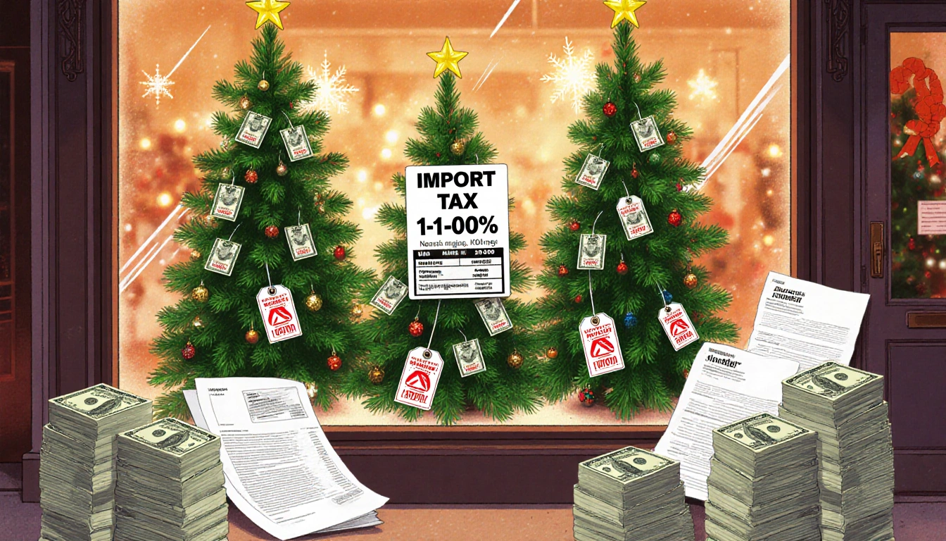 Storefront shows artificial Christmas trees with higher price tags and tax stickers indicating tariffs.