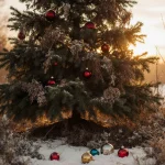 Majestic Christmas tree standing in a vibrant winter garden with golden sunset light and scattered ornaments showing sustaina