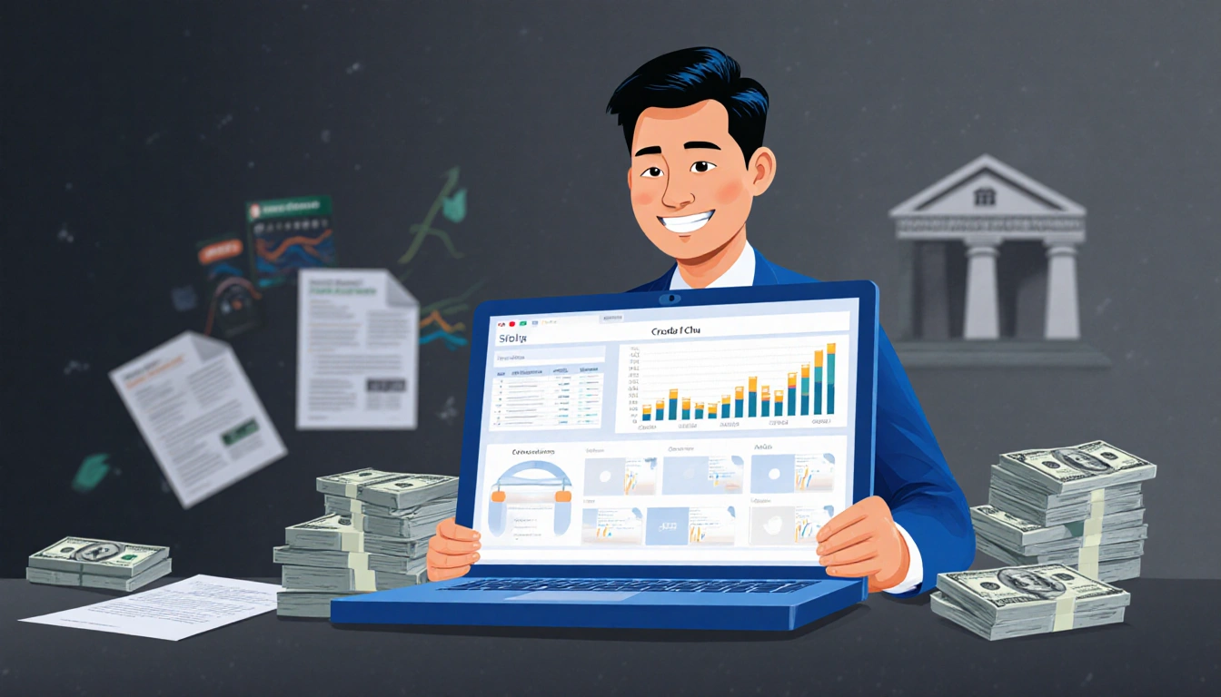 Chu holds a laptop with fabricated data and stacks of money near him bank logo blurred in background.