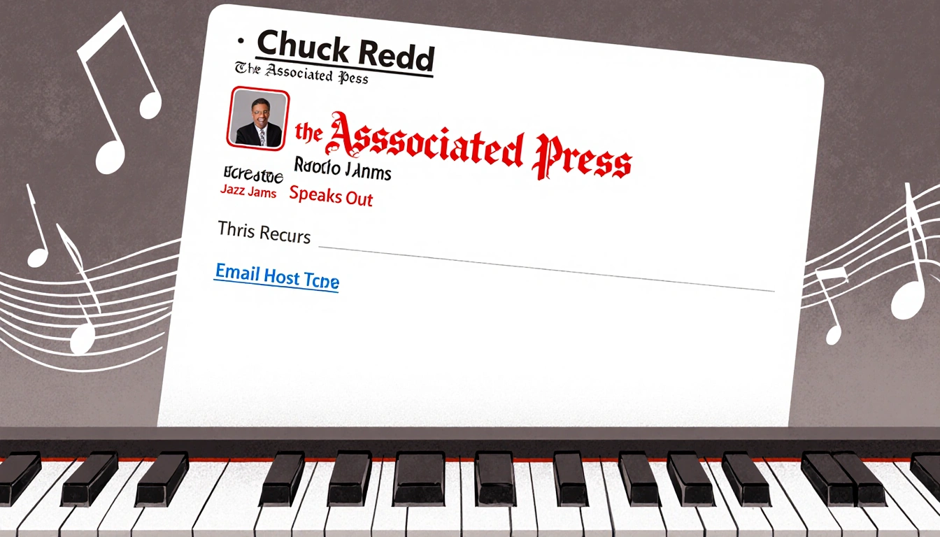 Email inbox on screen showing unread Associated Press message with muted jazz notes and piano keys in background.