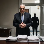 Schumer stands in a Senate chamber behind a table with hands and documents while a silhouette appears in doorway