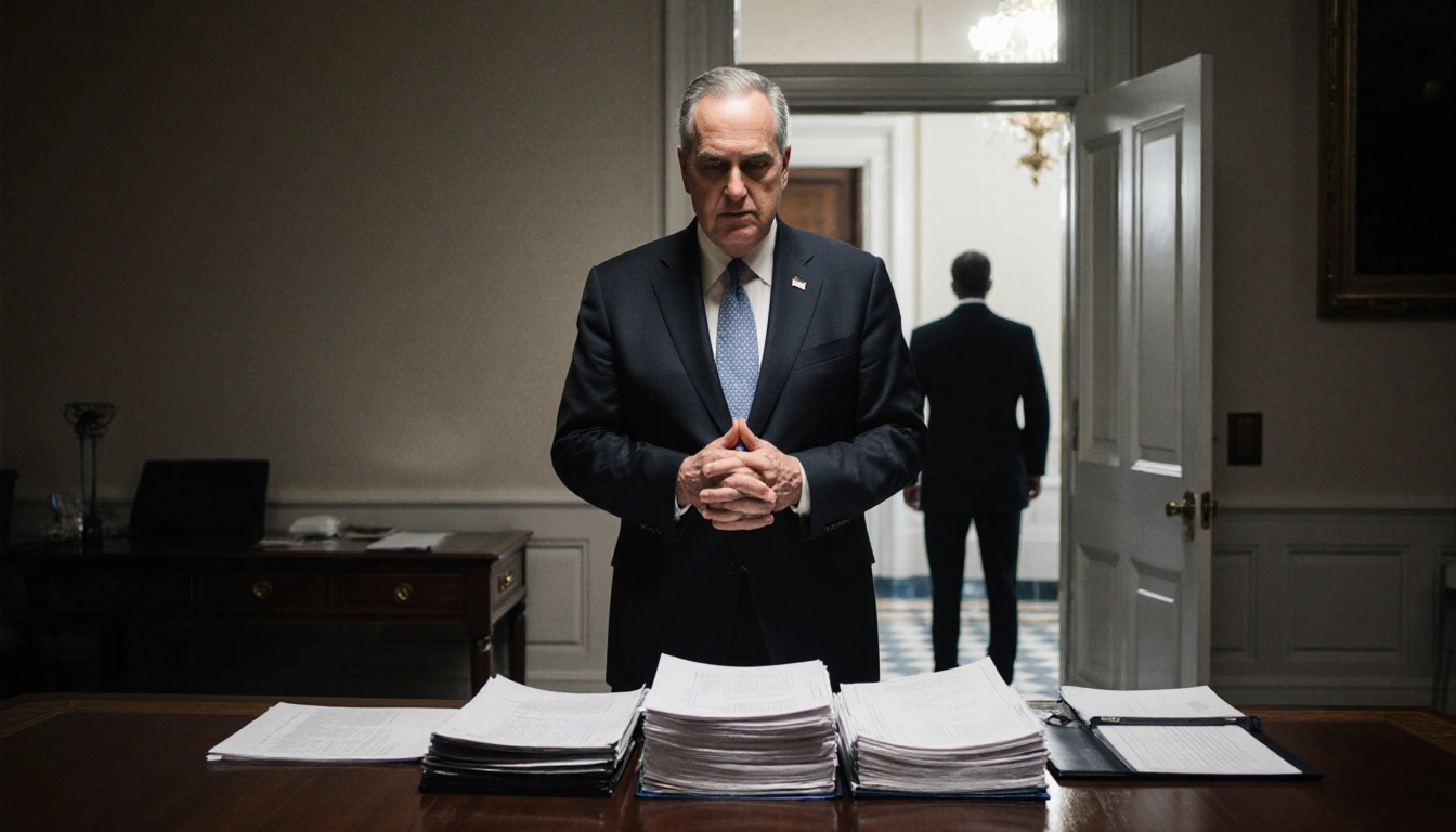 Schumer stands in a Senate chamber behind a table with hands and documents while a silhouette appears in doorway