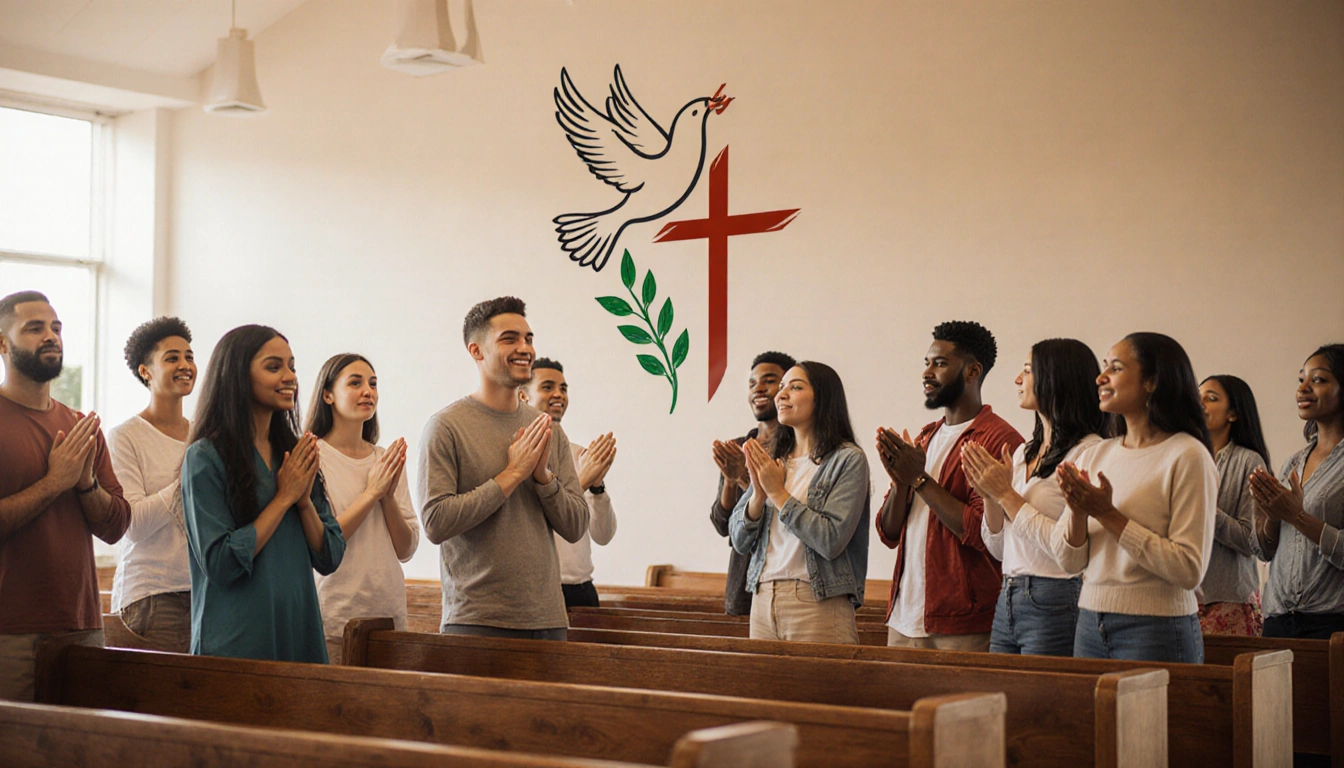 Congregation praying together in a warm worship space with dove logo and olive branch in background showing unity