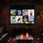 Fans gather around a giant screen with film posters and neon-lit glasses in a cozy cinematic hub.