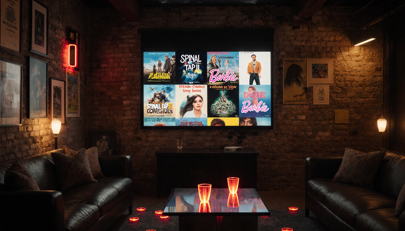Fans gather around a giant screen with film posters and neon-lit glasses in a cozy cinematic hub.
