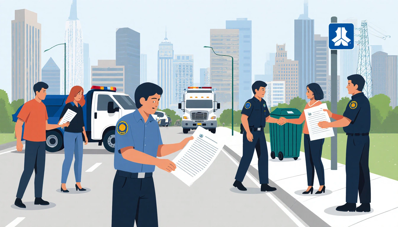 Three people gather near Austin skyline with a citation paper and a service document and officer escorts third with shelter.