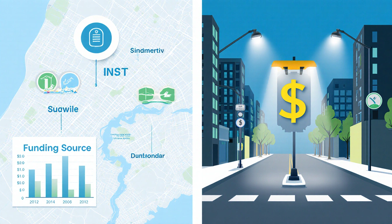 City map and funding chart split screen showing grants and municipal funds with a dollar sign directing money to lighting.
