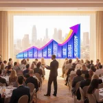 Professionals listening to a speaker with a 3D population growth graph and warm lighting.