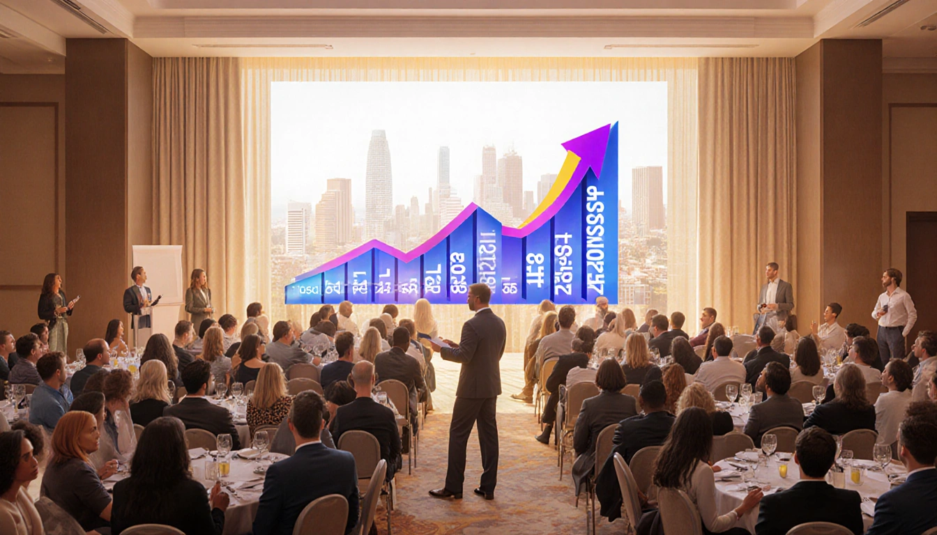 Professionals listening to a speaker with a 3D population growth graph and warm lighting.