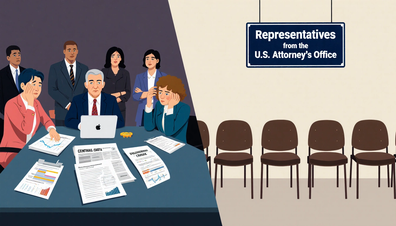 City council members worry over crime data with papers and laptops while empty chairs and sign show lack of transparency.