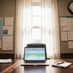 City council office desk displays expense report with highlighted budget categories with maps and clock in background