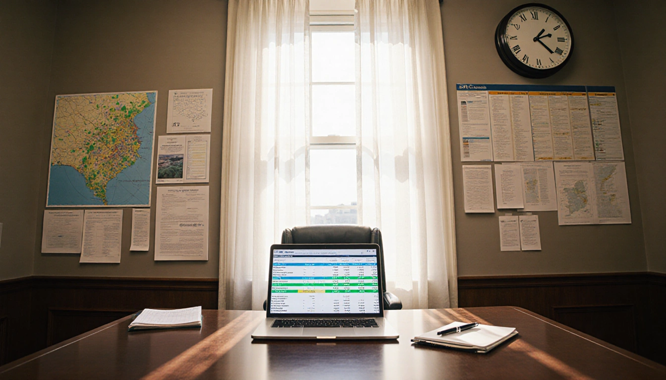 City council office desk displays expense report with highlighted budget categories with maps and clock in background