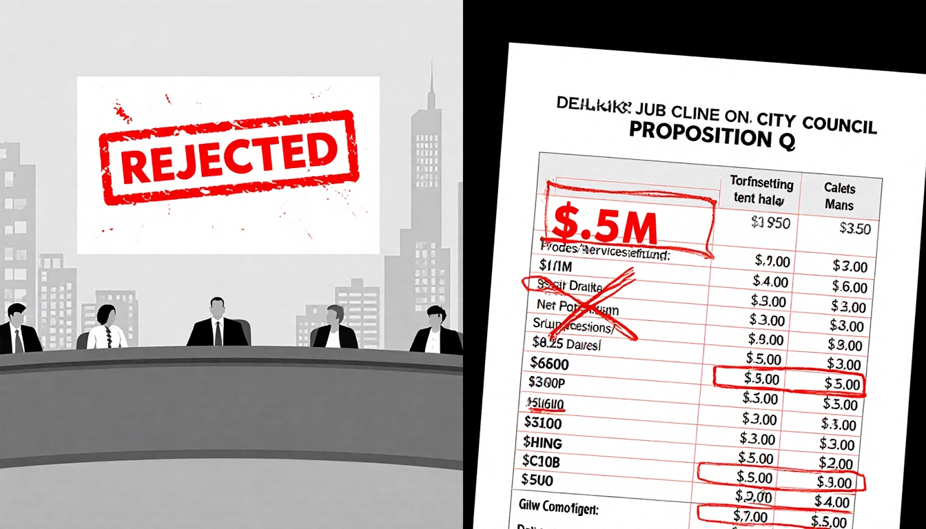 Split-screen city council meeting shows REJECTED sign and annotated budget sheet with budget cut and cityscape background.