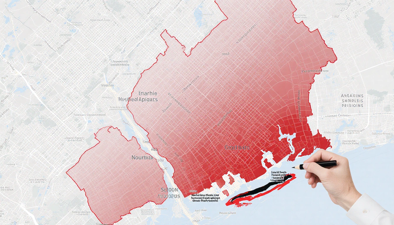 City map highlighting red fire stations with a dark financial crisis gradient overlay and faint pen outline.