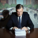 City official reviewing papers with faint budget cuts shadow and blurred Austin street scene