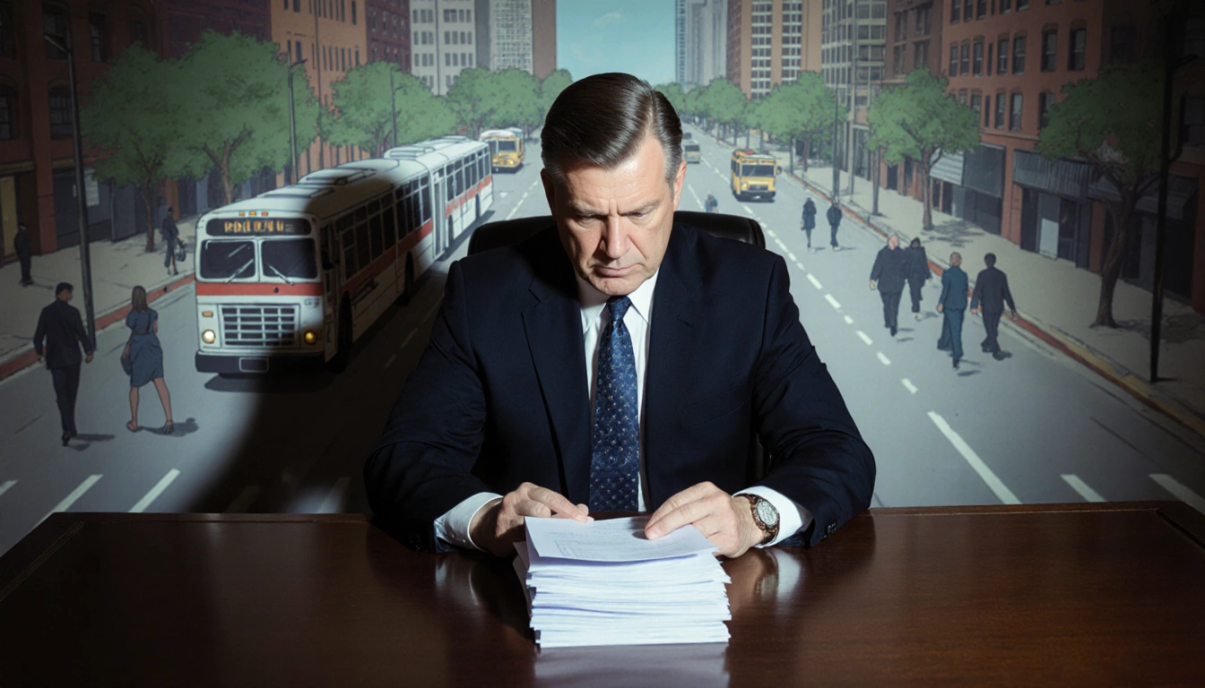 City official reviewing papers with faint budget cuts shadow and blurred Austin street scene