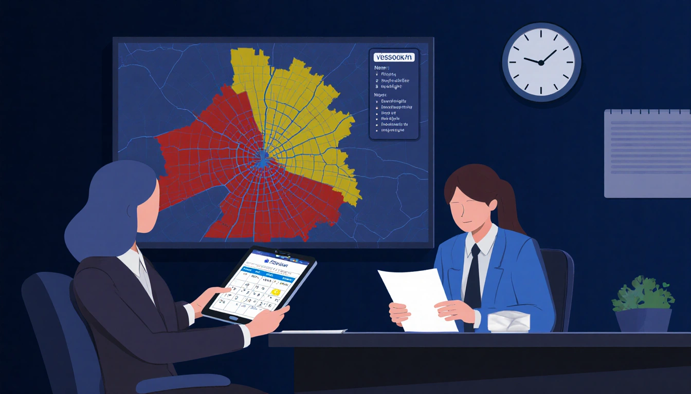 City officials review cold shelter plan with tablet forecast and calendar and office shows 9:00 am clock and Austin map.