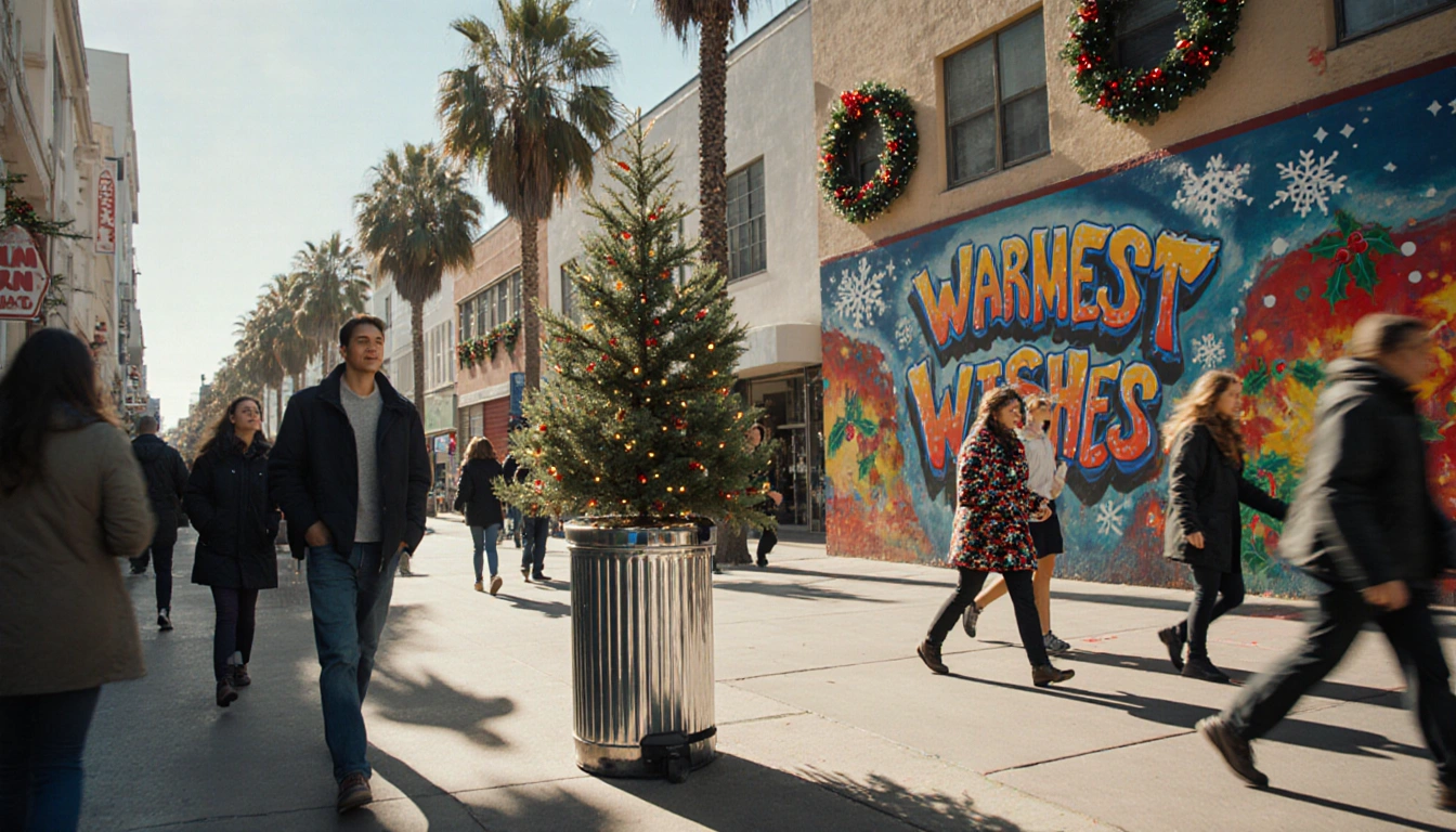 People walking briskly down a sunny winter street with palm trees and a lone Christmas tree and festive window decorations.