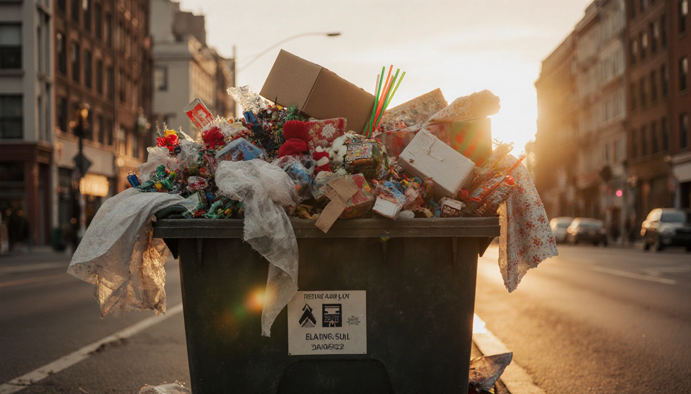 Cluttered return bin overflowing with discarded holiday packaging and broken toys with soft golden sunset light on city stree