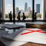 Red X marks contract on desk with scattered papers and empty folders under dim lighting and blurred Austin cityscape backgrou