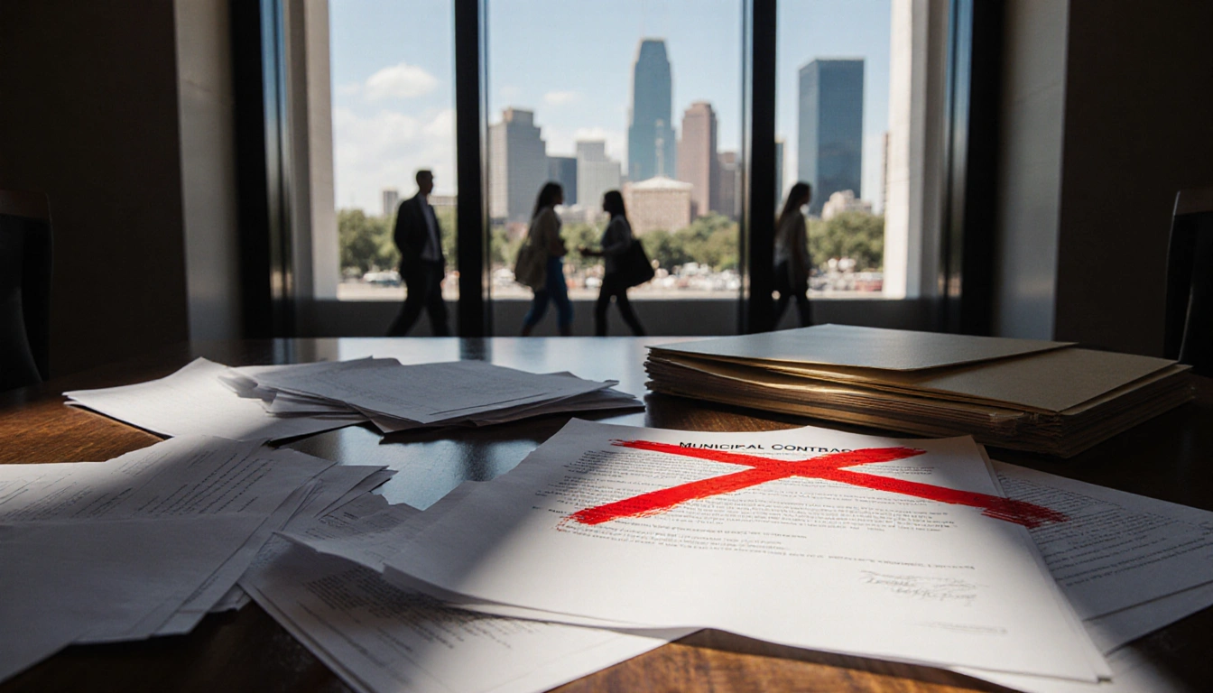 Red X marks contract on desk with scattered papers and empty folders under dim lighting and blurred Austin cityscape backgrou