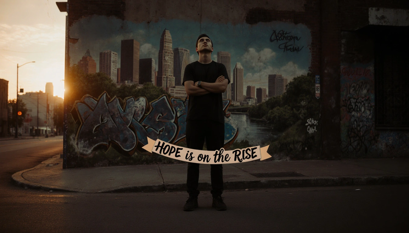 Lone figure standing looking up with graffiti wall and banner reading Hope is on the Rise in dusk light.