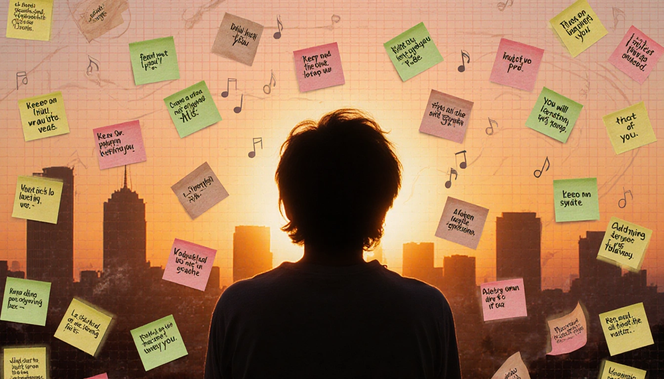Person sitting in front of a sunset cityscape with sticky notes of song lyrics scattered around and nostalgic warm light.