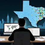 Person sits at desk studying laptop with Texas map and background cityscape showing tax dollars for civic engagement.
