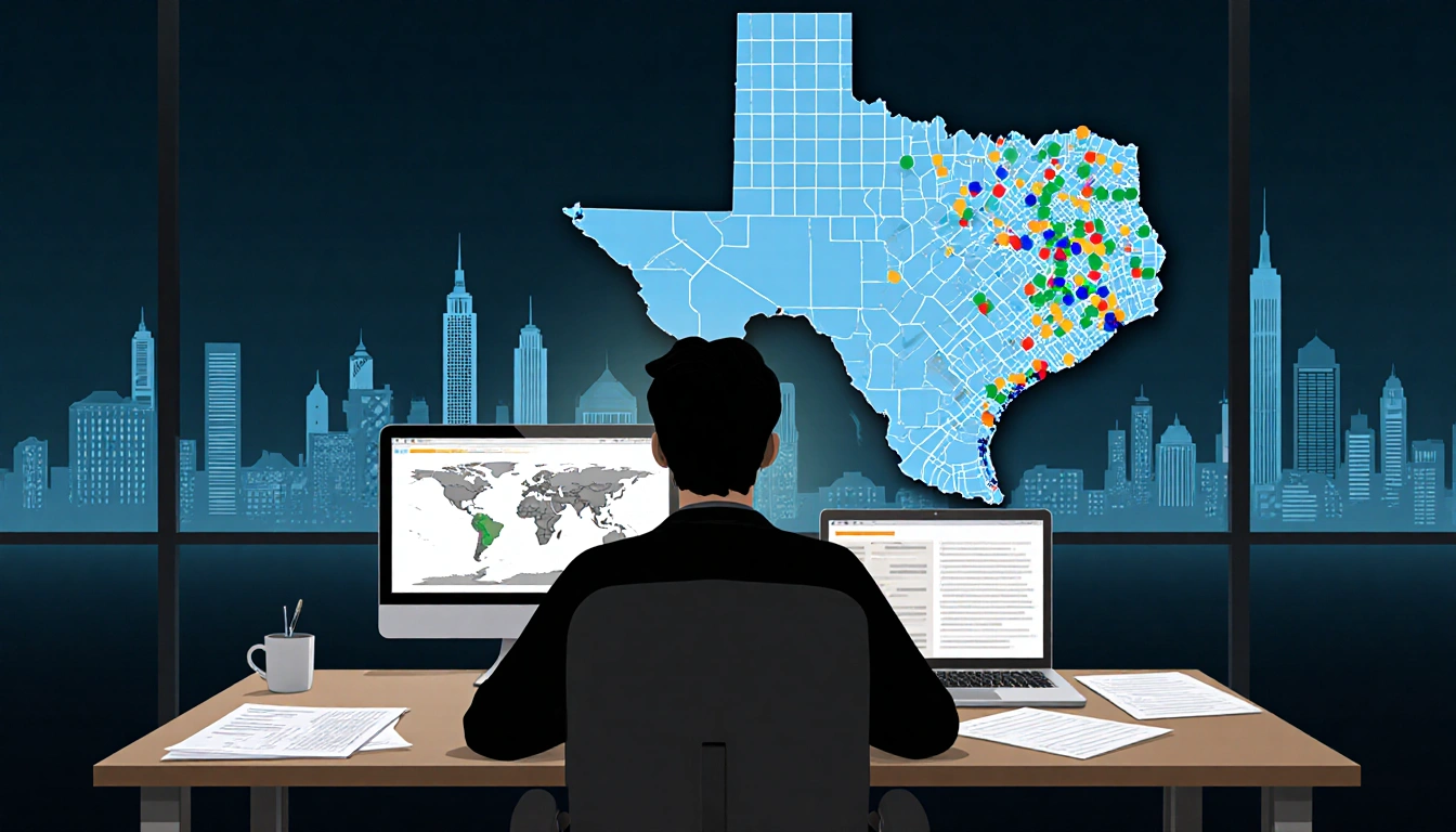 Person sits at desk studying laptop with Texas map and background cityscape showing tax dollars for civic engagement.