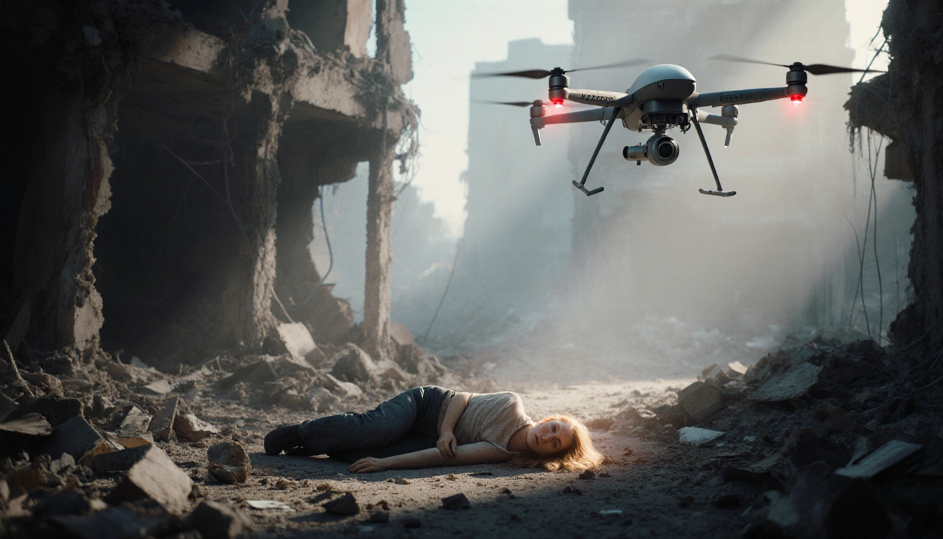 Woman lying on ground in rubble with a hovering drone overhead casting a shadow and a faint glow from wreckage.