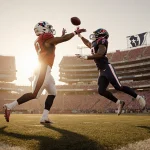C.J. Stroud throws a 57-yard pass with Nico Collins leaping to catch it near the Arizona Cardinals stadium in sunset glow.
